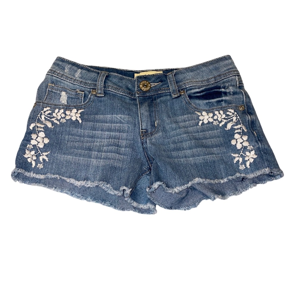 Mudd Jean Shorts Y2K Girls Size 12 Embroidered Floral Denim Cut Off Medium Wash